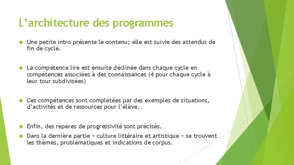 L’architecture des programmes Une petite intro présente le contenu; elle est suivie des attendus