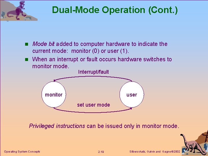 Dual-Mode Operation (Cont. ) n Mode bit added to computer hardware to indicate the