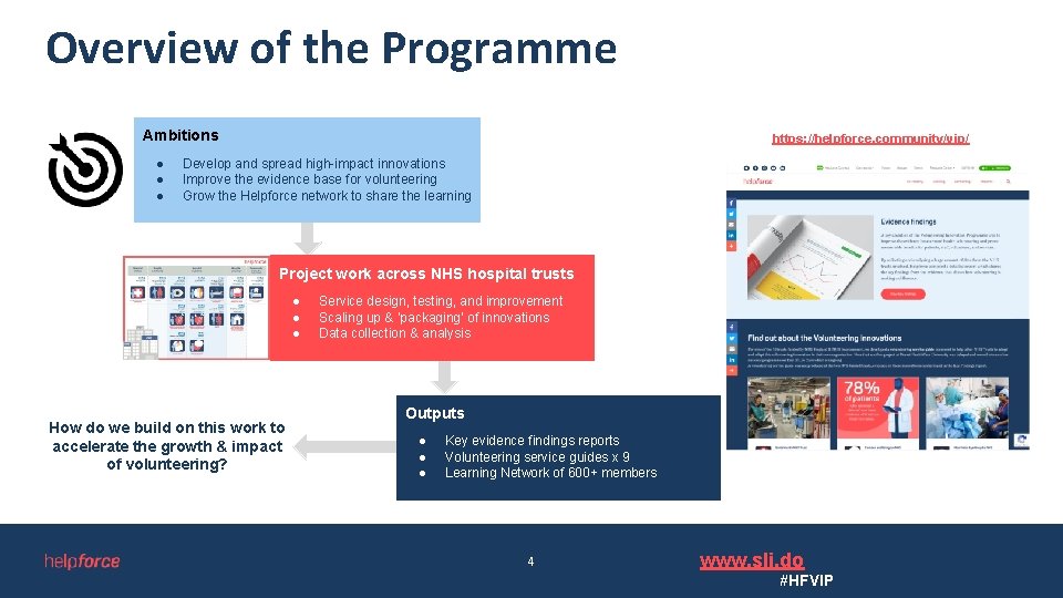 Overview of the Programme Ambitions ● ● ● https: //helpforce. community/vip/ Develop and spread