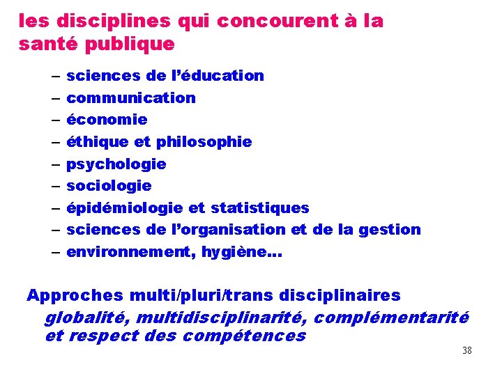 les disciplines qui concourent à la santé publique – – – – – sciences