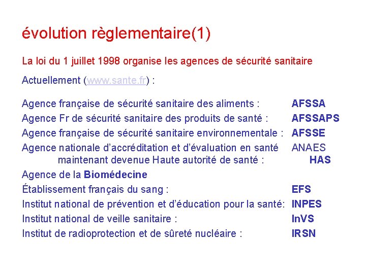 évolution règlementaire(1) La loi du 1 juillet 1998 organise les agences de sécurité sanitaire