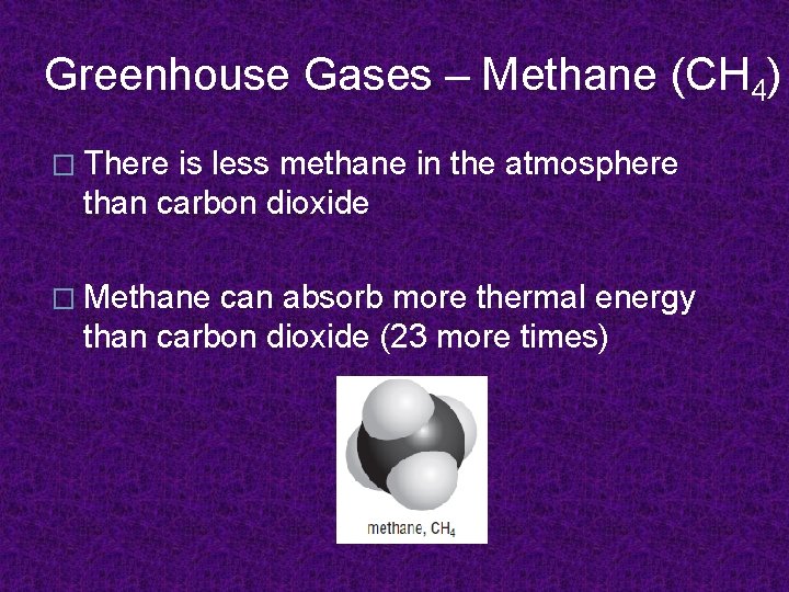 Greenhouse Gases – Methane (CH 4) � There is less methane in the atmosphere