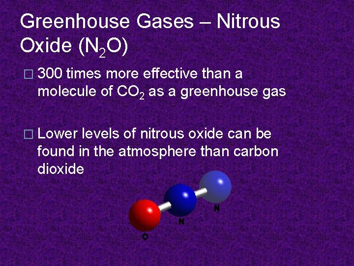 Greenhouse Gases – Nitrous Oxide (N 2 O) � 300 times more effective than