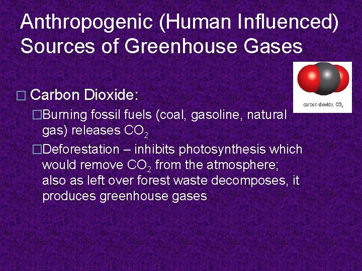 Anthropogenic (Human Influenced) Sources of Greenhouse Gases � Carbon Dioxide: �Burning fossil fuels (coal,