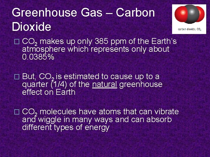 Greenhouse Gas – Carbon Dioxide � CO 2 makes up only 385 ppm of
