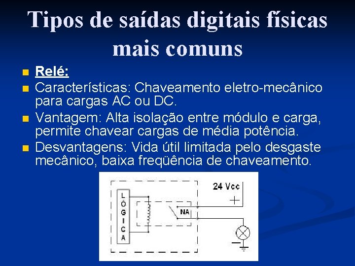 Tipos de saídas digitais físicas mais comuns n n Relé: Características: Chaveamento eletro-mecânico para