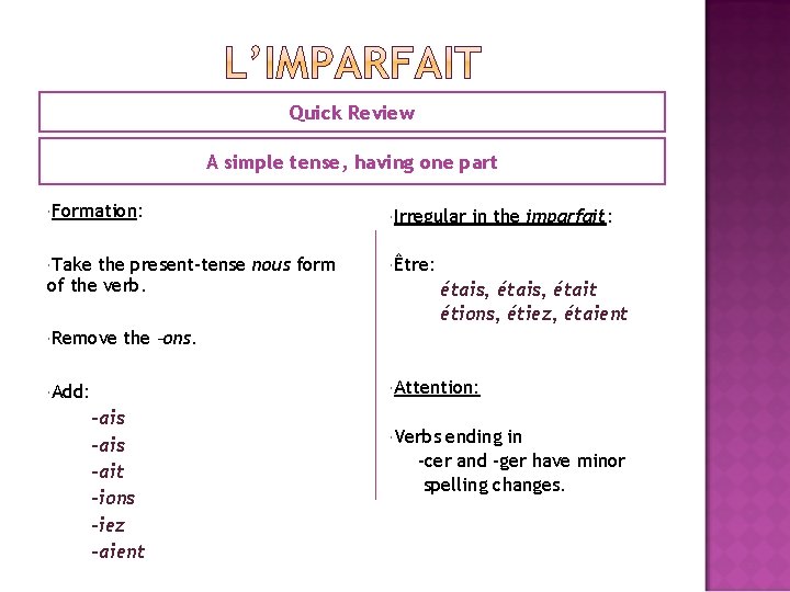 Quick Review A simple tense, having one part Formation: Irregular Take Être: the present-tense