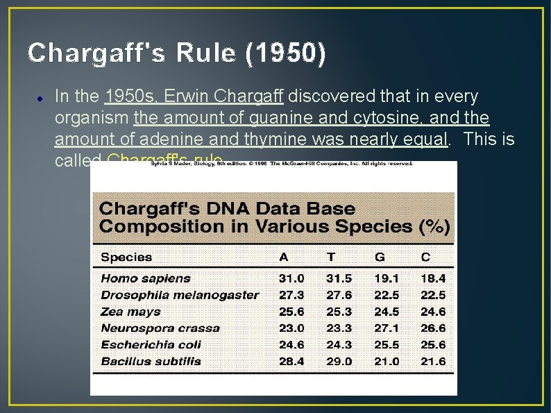 Chargaff's Rule (1950) In the 1950 s, Erwin Chargaff discovered that in every organism