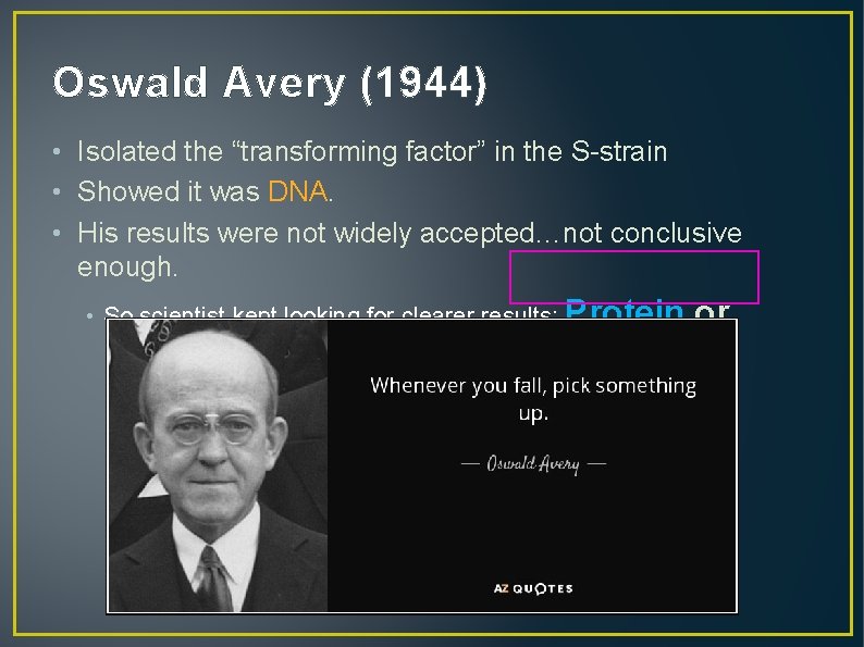 Oswald Avery (1944) • Isolated the “transforming factor” in the S-strain • Showed it