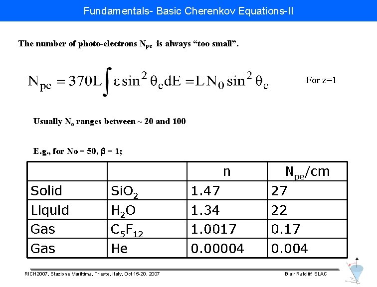 Fundamentals- Basic Cherenkov Equations-II The number of photo-electrons Npe is always “too small”. For