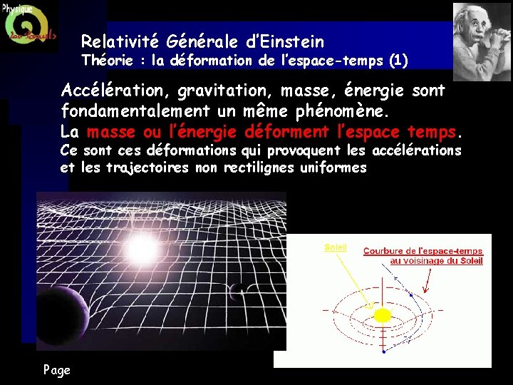 Relativité Générale d’Einstein Théorie : la déformation de l’espace-temps (1) Accélération, gravitation, masse, énergie