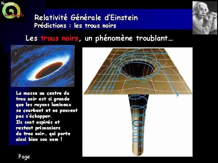 Relativité Générale d’Einstein Prédictions : les trous noirs Les trous noirs, un phénomène troublant…