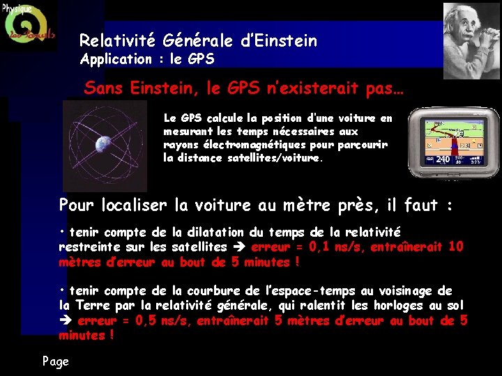 Relativité Générale d’Einstein Application : le GPS Sans Einstein, le GPS n’existerait pas… Le