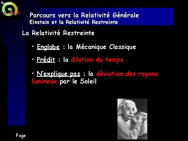 Parcours vers la Relativité Générale Einstein et la Relativité Restreinte La Relativité Restreinte •