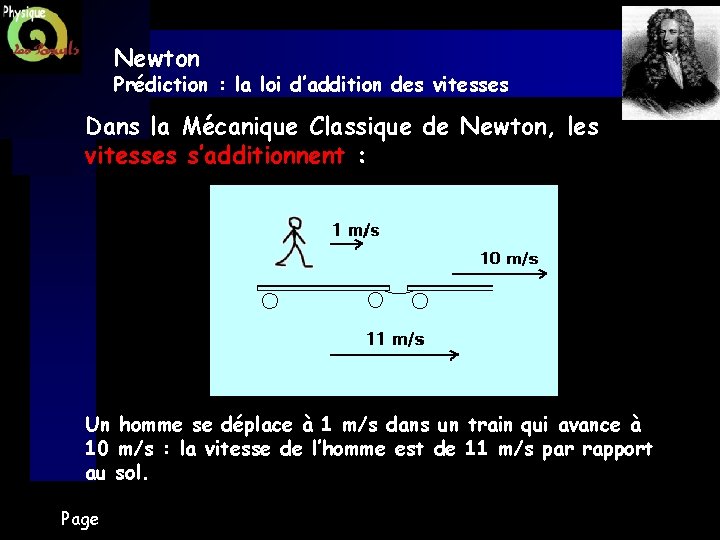 Newton Prédiction : la loi d’addition des vitesses Dans la Mécanique Classique de Newton,