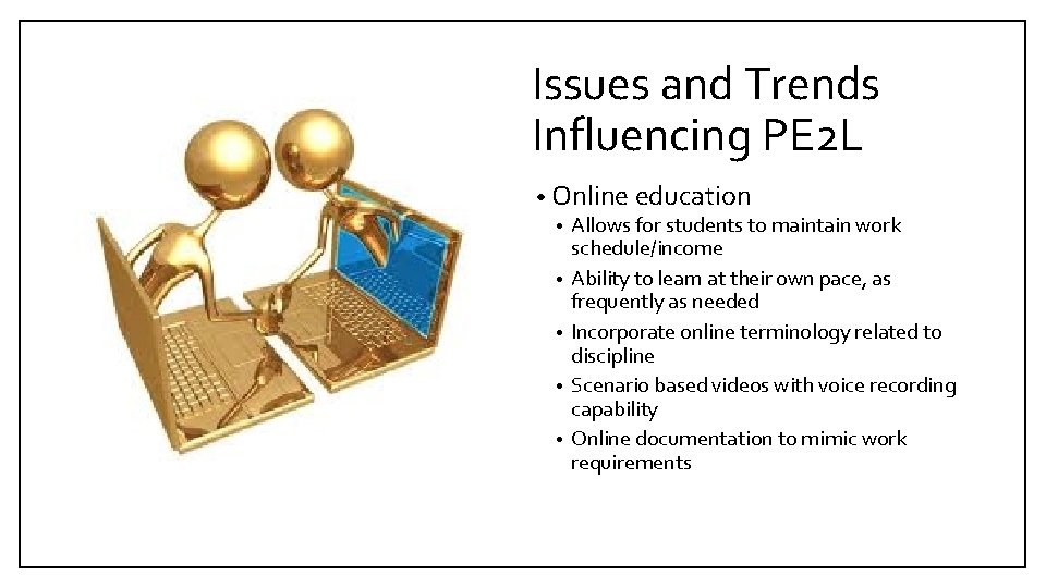 Issues and Trends Influencing PE 2 L • Online education • • • Allows