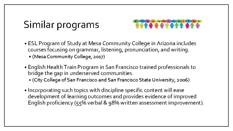 Similar programs • ESL Program of Study at Mesa Community College in Arizona includes