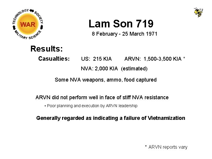 Lam Son 719 8 February - 25 March 1971 Results: Casualties: US: 215 KIA Lam Son 719 8 February - 25 March 1971 Results: Casualties: US: 215 KIA