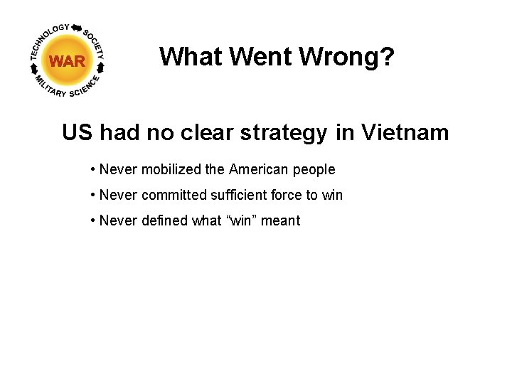 What Went Wrong? US had no clear strategy in Vietnam • Never mobilized the What Went Wrong? US had no clear strategy in Vietnam • Never mobilized the