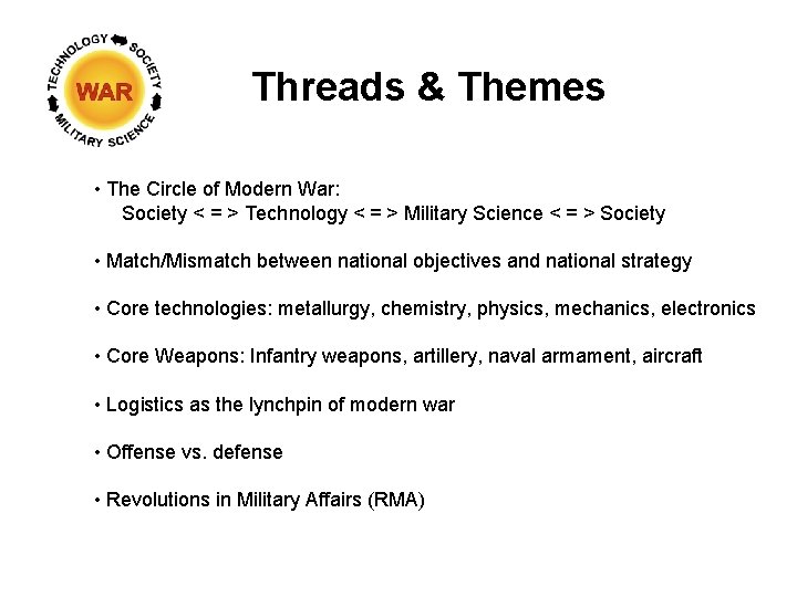 Threads & Themes • The Circle of Modern War: Society < = > Technology Threads & Themes • The Circle of Modern War: Society < = > Technology