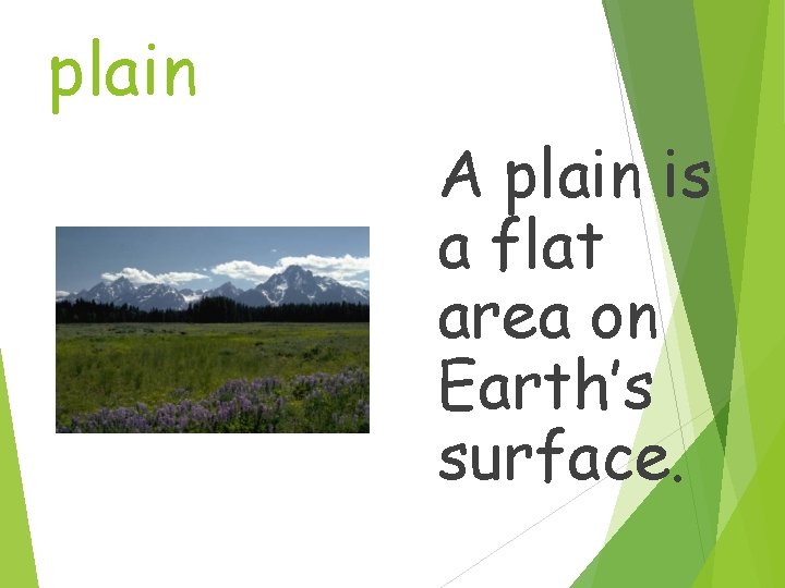 plain A plain is a flat area on Earth’s surface. 