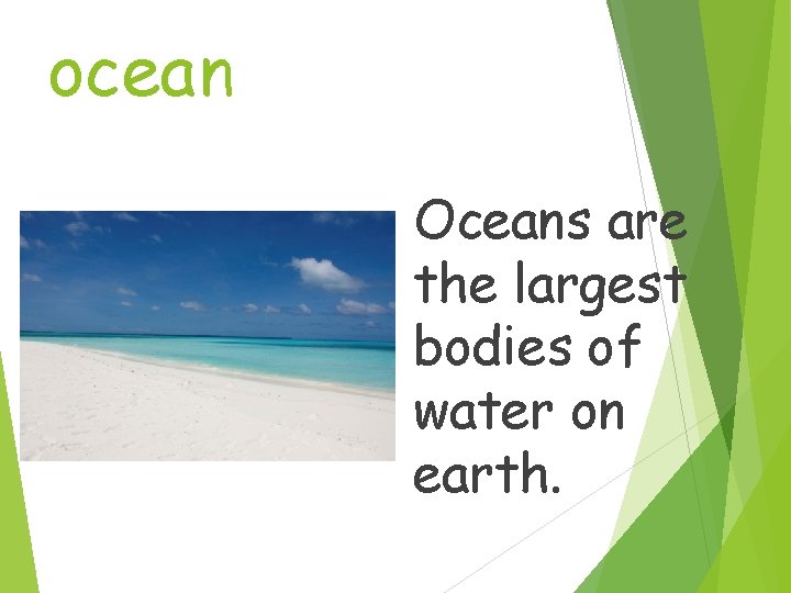 ocean Oceans are the largest bodies of water on earth. 