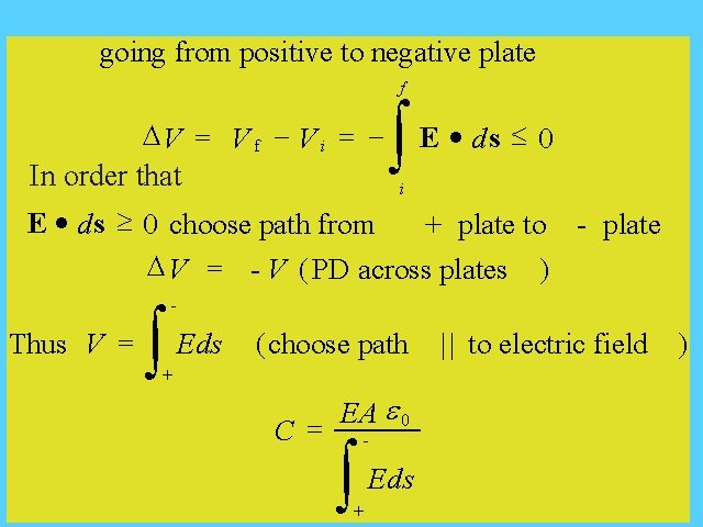 going from positive to negative plate Calculating Capacitance in General DV = V V