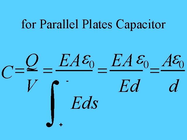 for Parallel Plates Capacitor Q EAe 0 EA e 0 Ae 0 = =