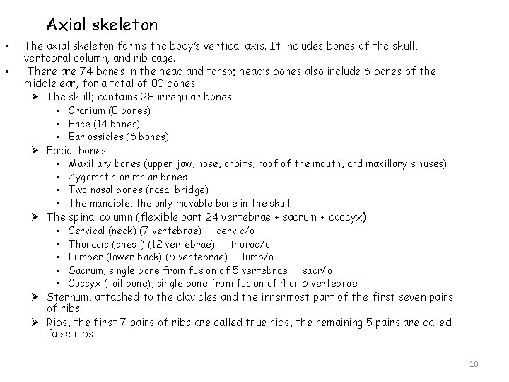 Axial skeleton • • The axial skeleton forms the body’s vertical axis. It includes