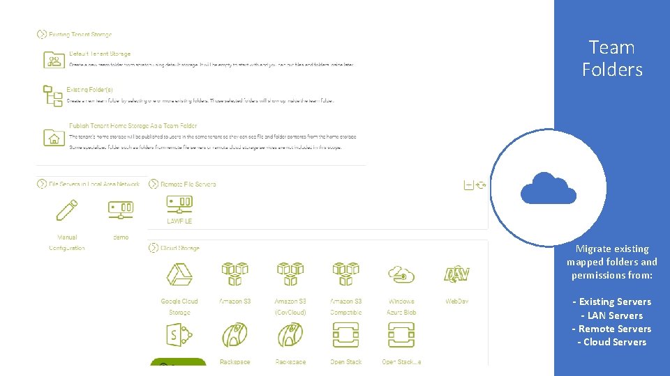 Team Folders Migrate existing mapped folders and permissions from: - Existing Servers - LAN