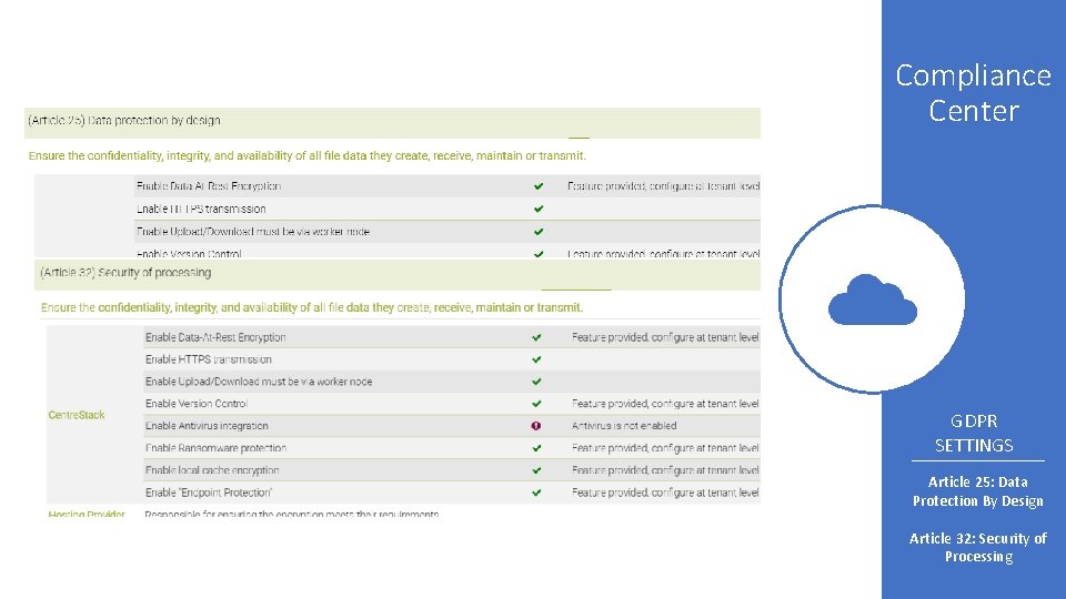 Compliance Center GDPR SETTINGS Article 25: Data Protection By Design Article 32: Security of