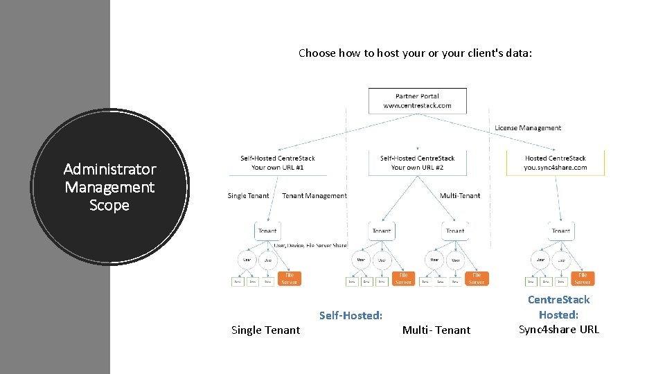 Choose how to host your or your client's data: Administrator Management Scope Single Tenant