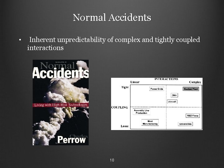 Normal Accidents • Inherent unpredictability of complex and tightly coupled interactions 10 
