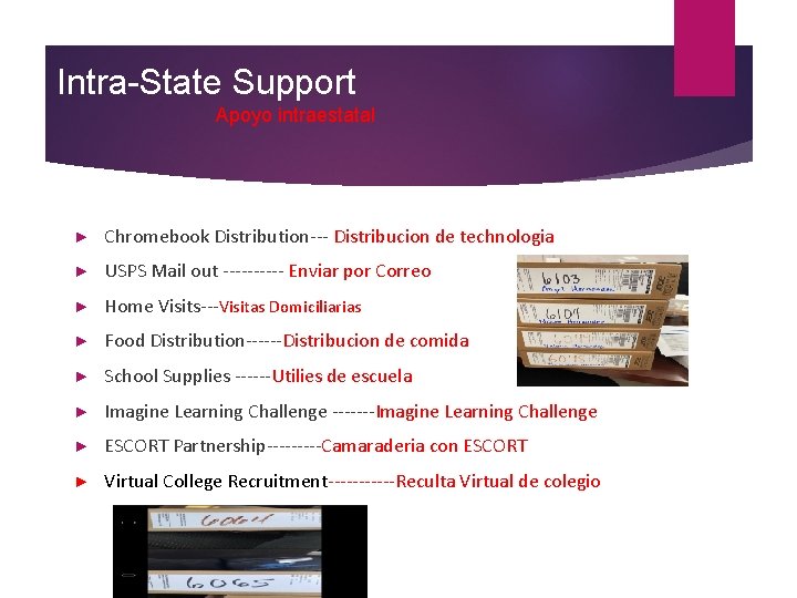 Intra-State Support Apoyo intraestatal ► Chromebook Distribution--- Distribucion de technologia ► USPS Mail out