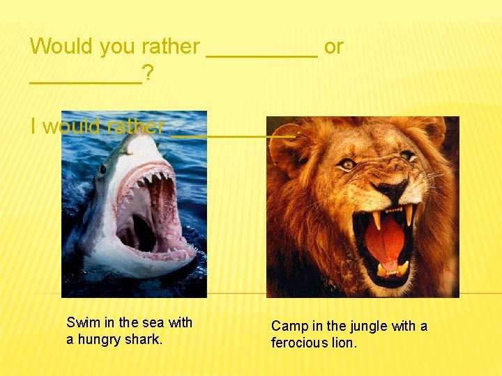 Would you rather _____ or _____? I would rather _____. Swim in the sea