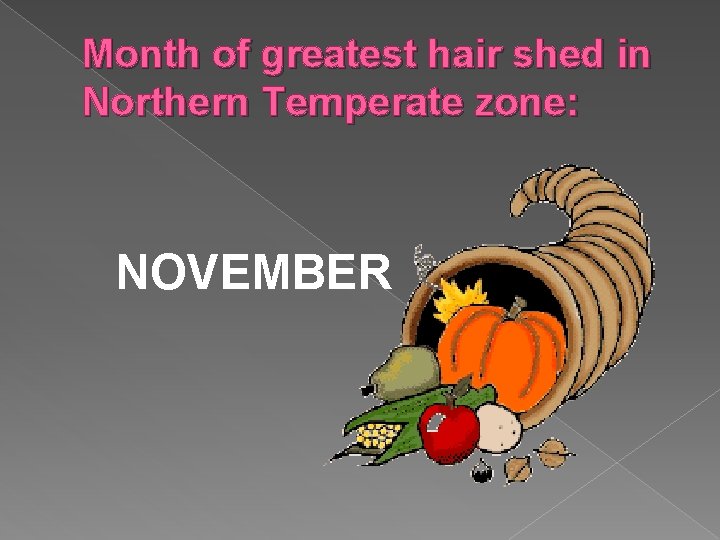 Month of greatest hair shed in Northern Temperate zone: NOVEMBER 