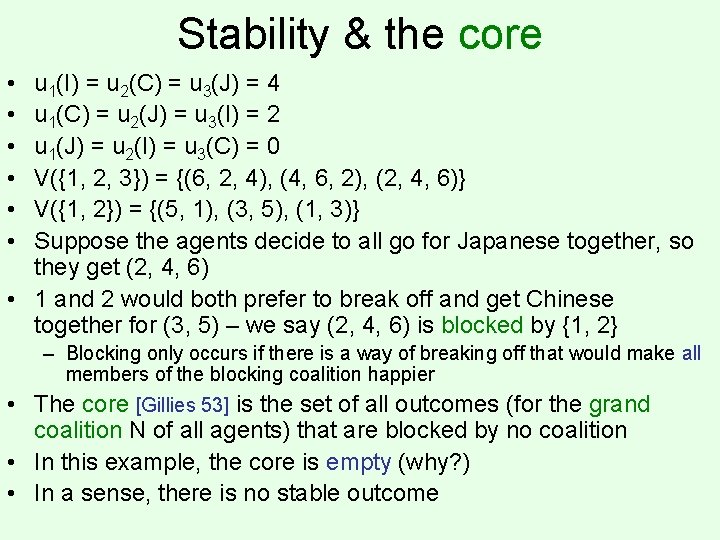 Stability & the core • • • u 1(I) = u 2(C) = u