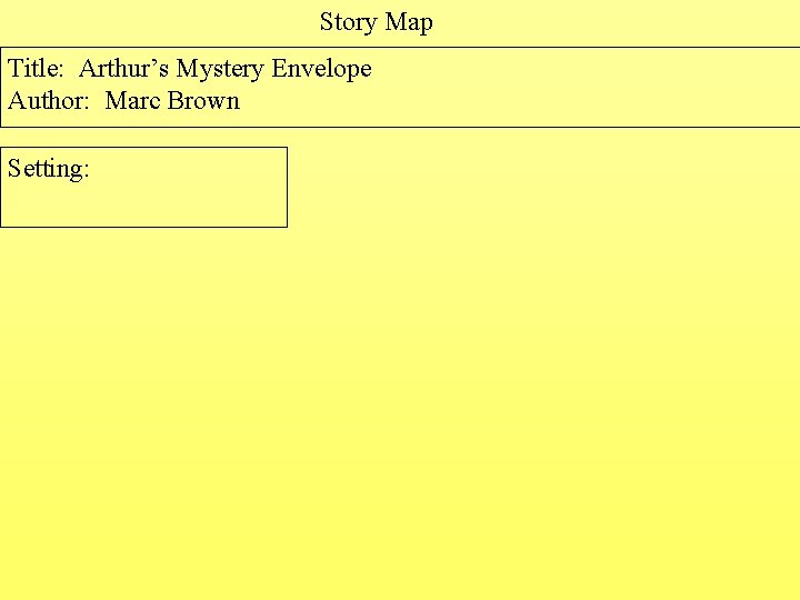 Story Map Title: Arthur’s Mystery Envelope Author: Marc Brown Setting: 