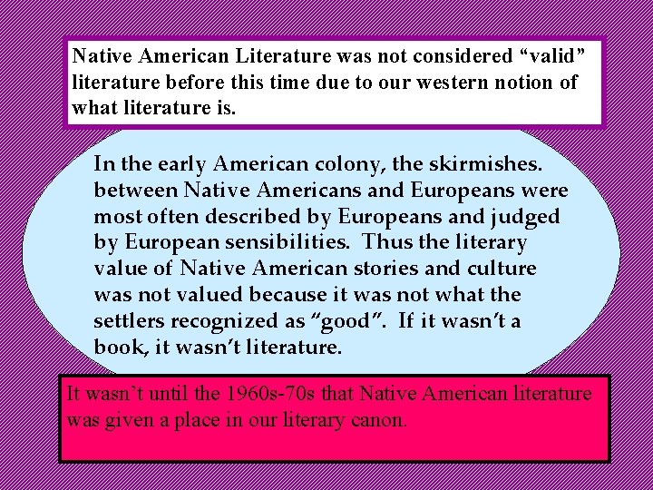 Native American Literature was not considered “valid” literature before this time due to our