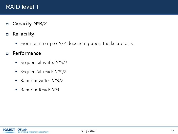 RAID level 1 Capacity N*B/2 Reliability From one to upto N/2 depending upon the