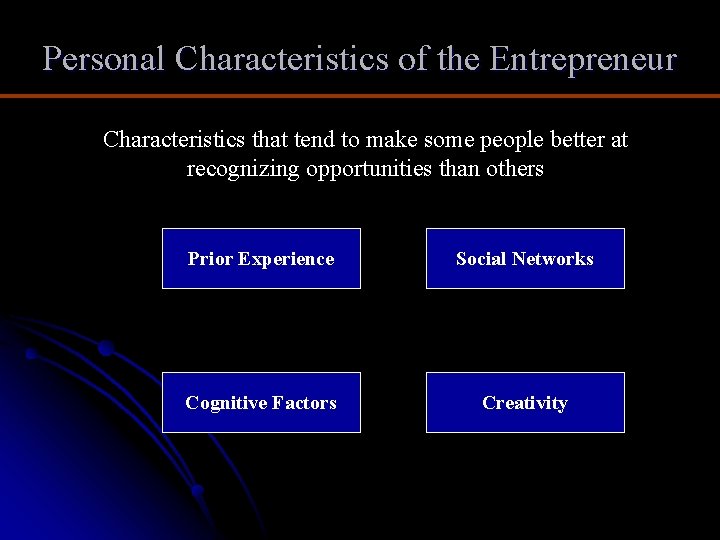 Personal Characteristics of the Entrepreneur Characteristics that tend to make some people better at