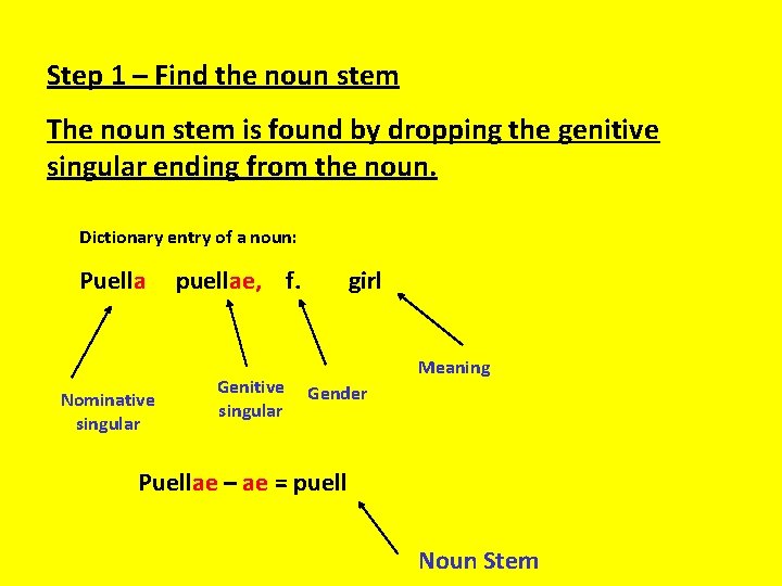 Step 1 – Find the noun stem The noun stem is found by dropping