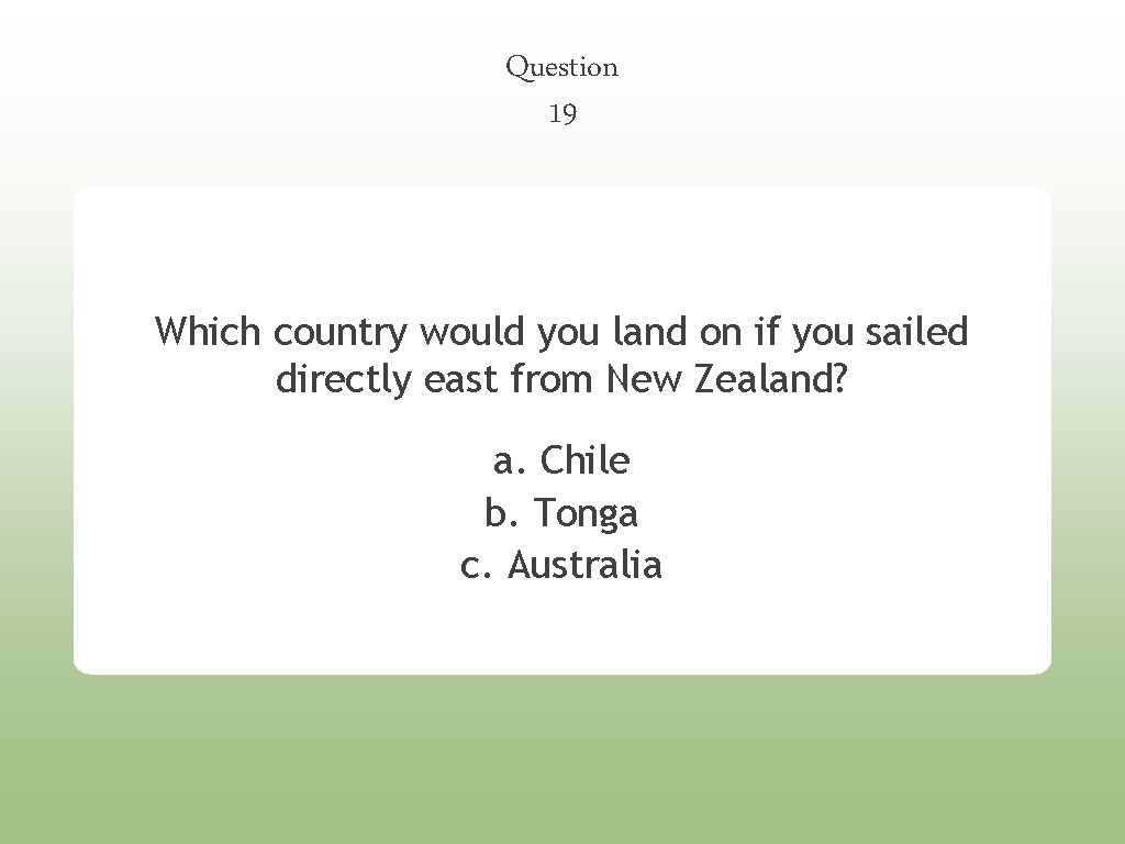 Question 19 Which country would you land on if you sailed directly east from