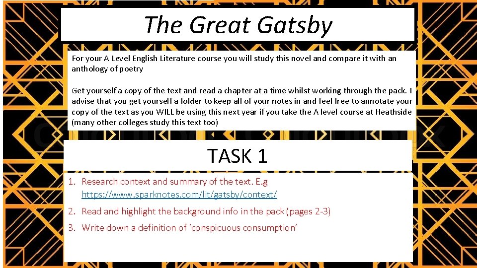 The Great Gatsby For your A Level English Literature course you will study this