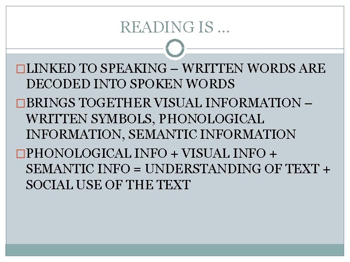 READING IS … �LINKED TO SPEAKING – WRITTEN WORDS ARE DECODED INTO SPOKEN WORDS