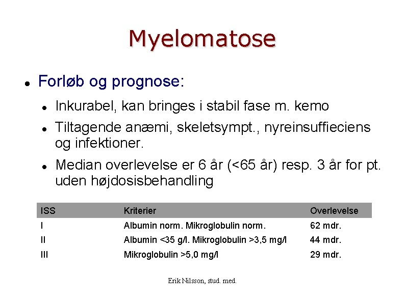 Myelomatose Forløb og prognose: Inkurabel, kan bringes i stabil fase m. kemo Tiltagende anæmi,