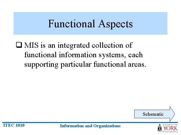 Functional Aspects q MIS is an integrated collection of functional information systems, each supporting