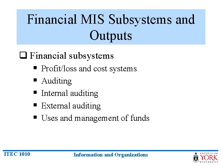 Financial MIS Subsystems and Outputs q Financial subsystems § Profit/loss and cost systems §