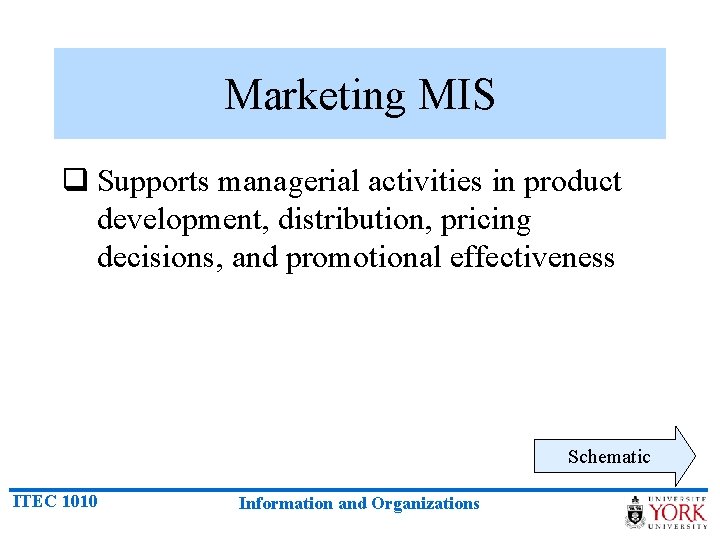 Marketing MIS q Supports managerial activities in product development, distribution, pricing decisions, and promotional