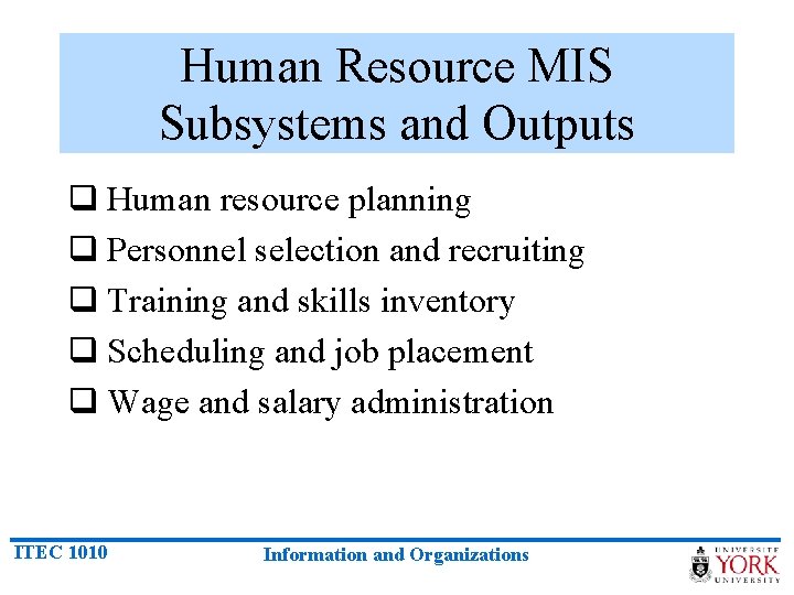 Human Resource MIS Subsystems and Outputs q Human resource planning q Personnel selection and